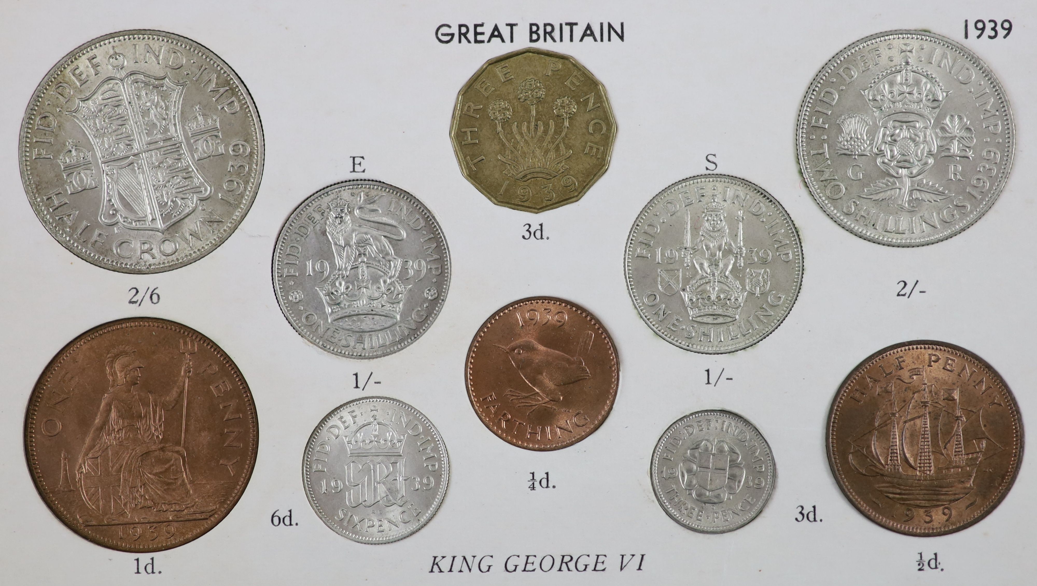 George VI specimen coin sets for 1938, 1939, 1940, 1941, 1942 and 1943, first coinage, the majority about EF or better